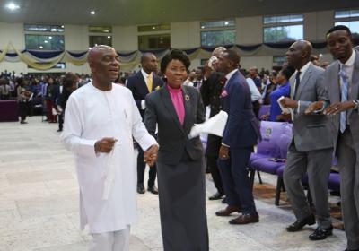 Chancellor Dr. David O. Oyedepo Leading The Pro Chancellor Landmark University Pastor Mrs.faith Oyedepo In A Dance