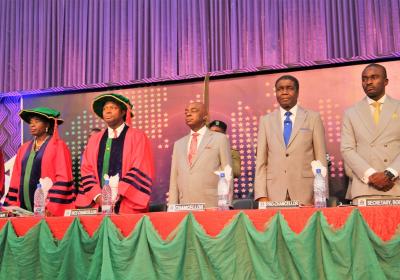 L R The Acting Registrar Mrs. Regina Tobi David The Vice Chancellor Professor Abiodun H. Adebayo The Chancellor Dr David Oyedepo The Pro Chancellor Bishop David Abioye And The Secretary Board Of Regents Pa