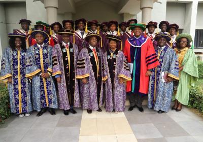 Registrar, Mrs Regina Tobi David; Vice-Chancellor, Professor Abiodun  H. Adebayo; Pro-Chancellor, Bishop David Abioye; Chancellor, Dr David O. Oyedepo; Vice-President (Education), Living Faith Church, World-wide, Pastor (Mrs) Faith Oyedepo; Deputy Execu