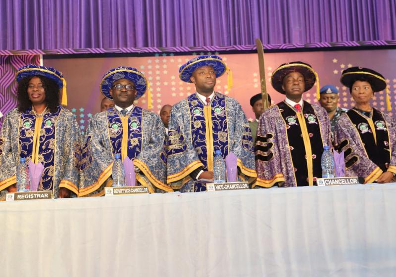 L-R: Registrar, Mrs Regina Tobi David; Deputy Vice-Chancellor, Professor Olujide Adekeye; Vice-Chancellor, Professor Abiodun  H. Adebayo; Chancellor, Dr David O. Oyedepo and Vice-President (Education), Living Faith Church, World-wide, Pastor (Mrs) Faith O