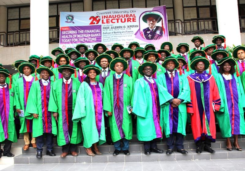 Members Of Covenant University Senate With Covenants 29th Inaugural Lecturer Professor Ailemen O. Ikpefan 3rd Left In A Group Photograph After The Lecture