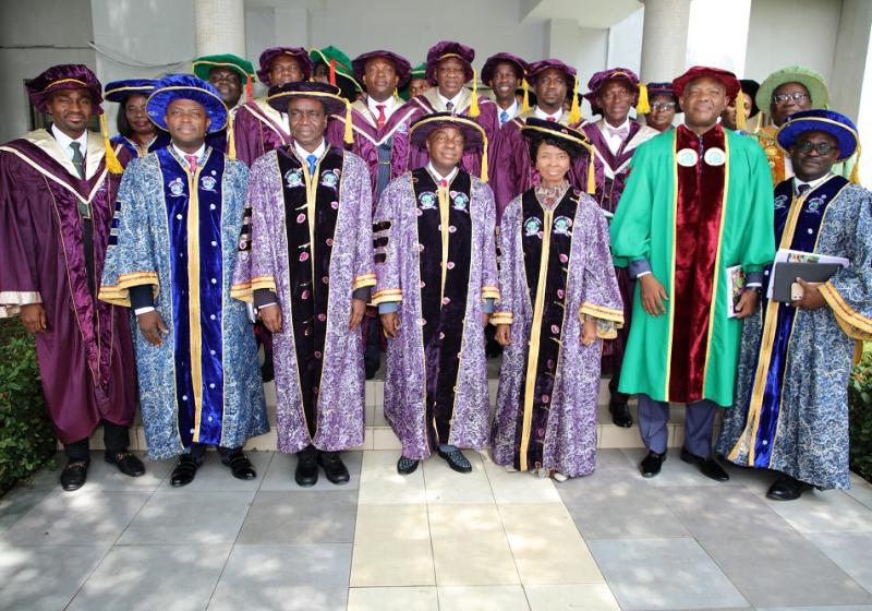 From Left: Secretary, Board of Regents, Pastor David Oyedepo Jnr.; Vice-Chancellor, Professor Abiodun H. Adebayo; Pro-Chancellor, Bishop David Oyedepo; Chancellor, Dr David Oyedepo; Vice-President (Education), Living Faith Church Worldwide, Pastor (Mrs) F