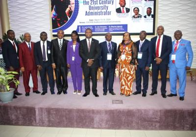 Vice-Chancellor, Covenant University, Professor Abiodun H. Adebayo Middle (6th Left); Registrar, Covenant University, Mrs Regina Tobi-David (5th Left); Keynote Speaker and former Registrar, Obafemi Awolowo University, Ile-Ife, Mr Ayorinde Ogunruku (5th Ri