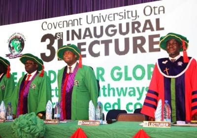 L R Registrar Mrs. Regina Tobi David Deputy Vice Chancellor Professor Olujide Adekeye Vice Chancellor Professor Abiodun H. Adebayo And Covenant Universitys 31st Inaugural Lecturer Professor Israel Afola